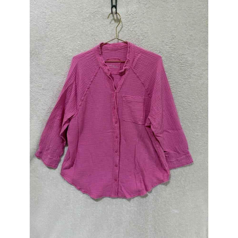 Aerie Gauzy Knit Coverup Shirt S Pink Oversized Button Down Jacket Raw Hem